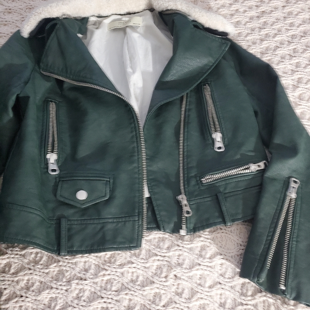 Green Shearling Aviator Collar Versatile Moto Jacket - Picture 11 of 16